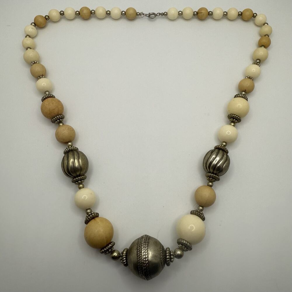 Vintage Beaded Necklace Silver Tone Acrylic Wood Boho 22”